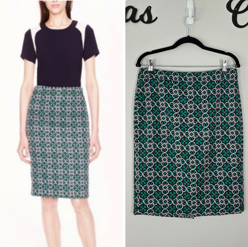 J. Crew Pencil Skirt Lattice Medallion Print Blue Green Size 8 NWT